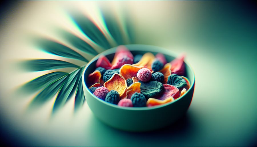 Close-up of a bowl of vibrant freeze-dried strawberries and mangoes, showing their texture, with a soft-focus background of cannabis leaves.