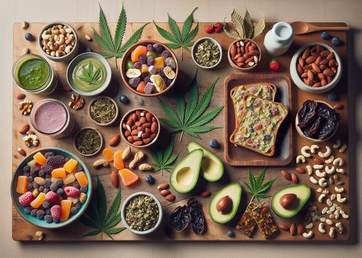 A variety of colorful and healthy snacks including freeze-dried fruits, mixed nuts, avocado toast, and smoothies arranged on a wooden table with subtle cannabis leaves in the background.