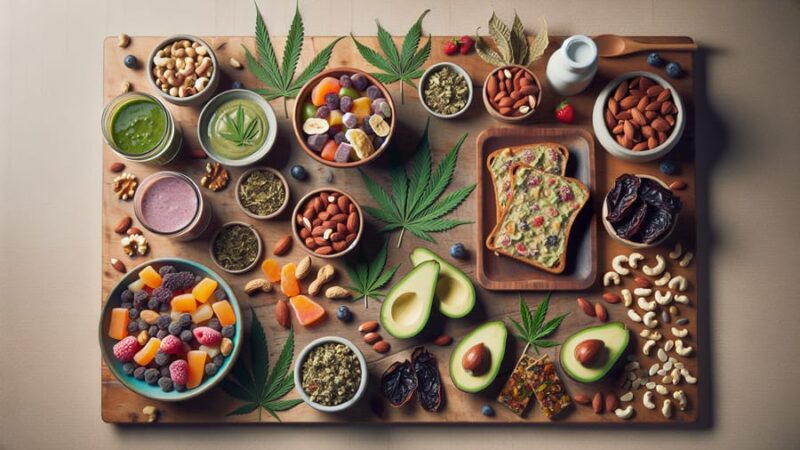 A variety of colorful and healthy snacks including freeze-dried fruits, mixed nuts, avocado toast, and smoothies arranged on a wooden table with subtle cannabis leaves in the background.