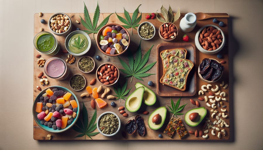 A variety of colorful and healthy snacks including freeze-dried fruits, mixed nuts, avocado toast, and smoothies arranged on a wooden table with subtle cannabis leaves in the background.