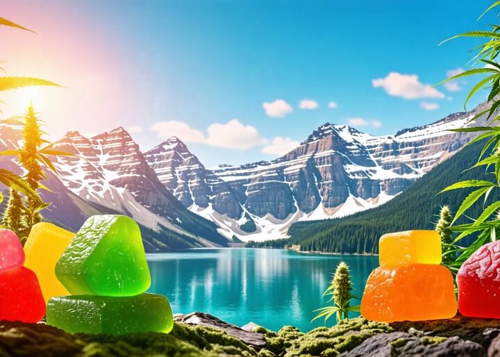 A conceptual illustration of Canada’s medical landscape, integrating colorful THC gummies with elements representing healthcare and cannabis regulation.