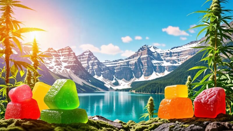 A conceptual illustration of Canada’s medical landscape, integrating colorful THC gummies with elements representing healthcare and cannabis regulation.