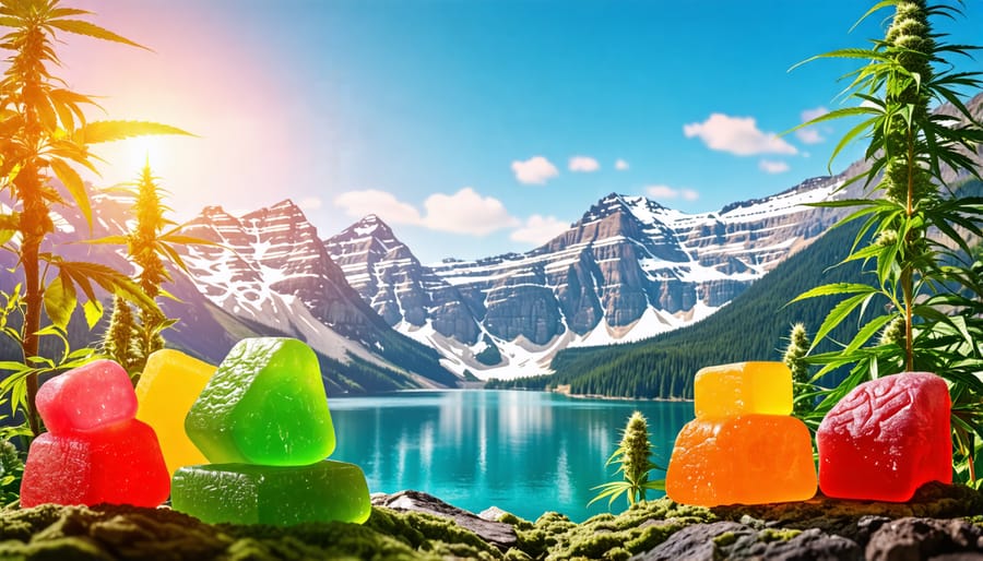 A conceptual illustration of Canada’s medical landscape, integrating colorful THC gummies with elements representing healthcare and cannabis regulation.