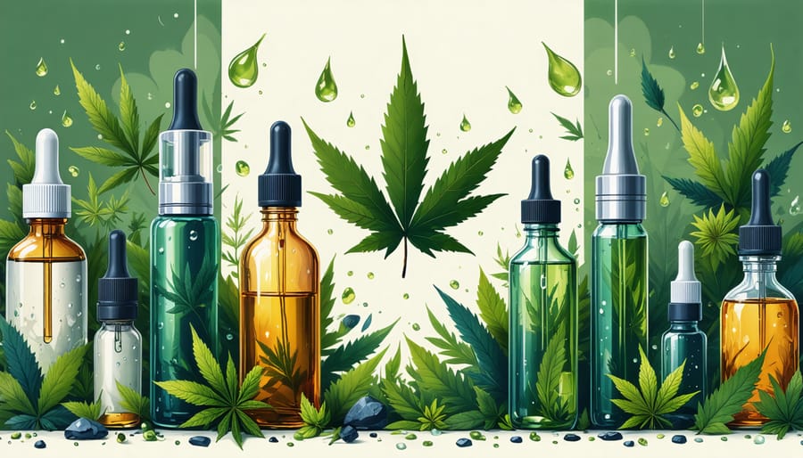 Illustration featuring a collage of vaping devices and cannabis symbols against a background of subtle maple leaf patterns, representing the modern and regulated cannabis landscape in Canada.