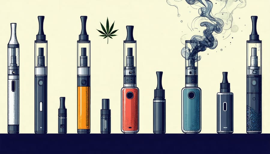 Different types of vaping devices for cannabis, including pens and vaporizers