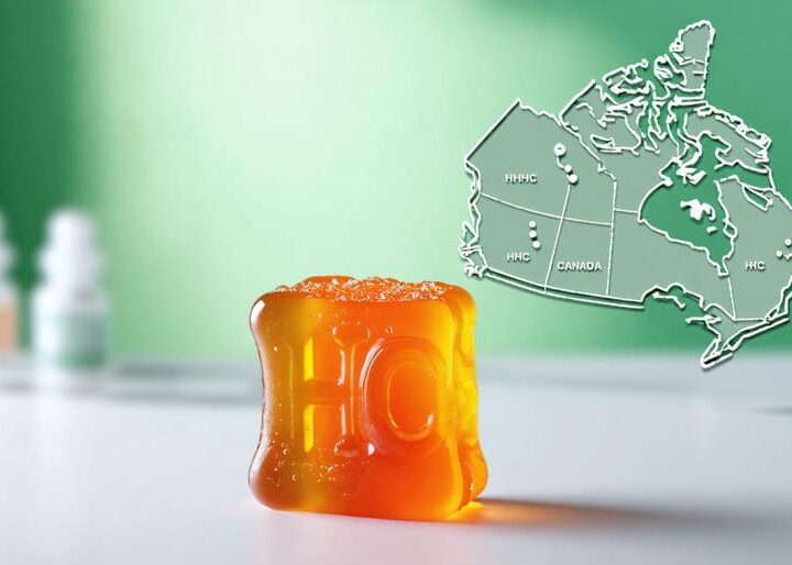 A conceptual illustration showing a brightly colored HHC gummy beside a molecular structure of hexahydrocannabinol, set against a map of Canada marking cannabis legislation milestones.