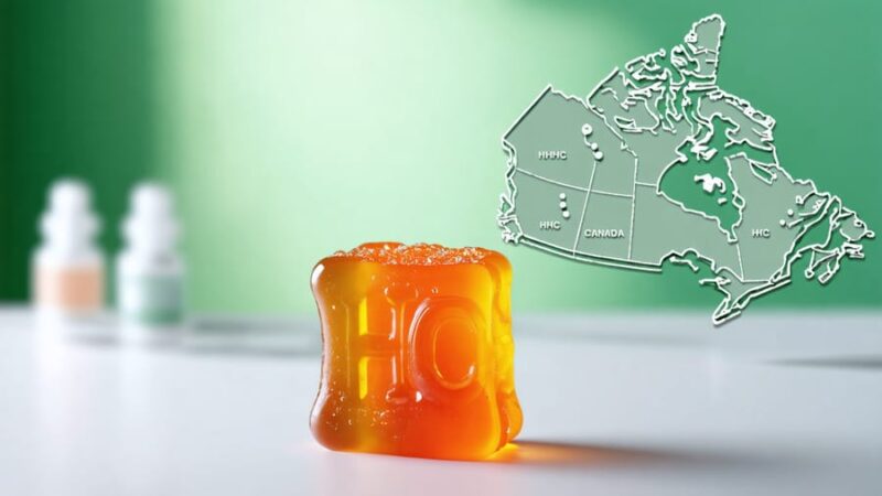 A conceptual illustration showing a brightly colored HHC gummy beside a molecular structure of hexahydrocannabinol, set against a map of Canada marking cannabis legislation milestones.