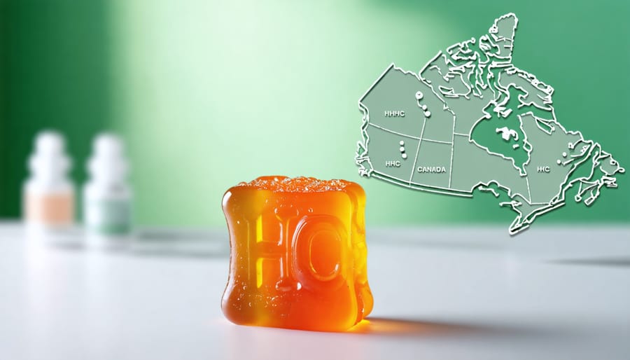 A conceptual illustration showing a brightly colored HHC gummy beside a molecular structure of hexahydrocannabinol, set against a map of Canada marking cannabis legislation milestones.