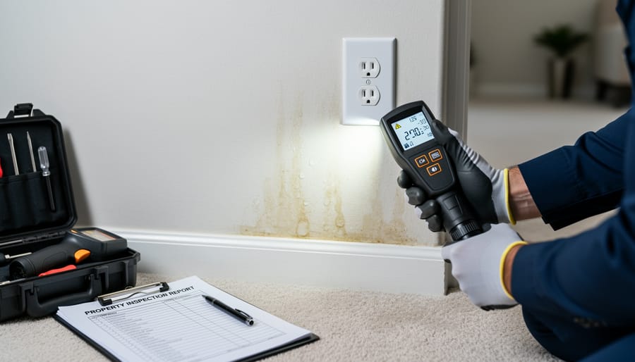 Gloved hands using a moisture meter near a stained basement wall