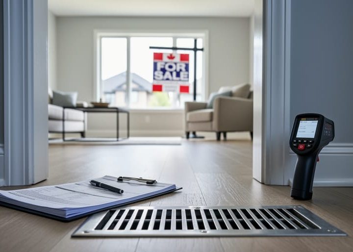 Clipboard and inspection device placed near an HVAC vent inside a home, with a window view hinting at a “for sale” sign outside.