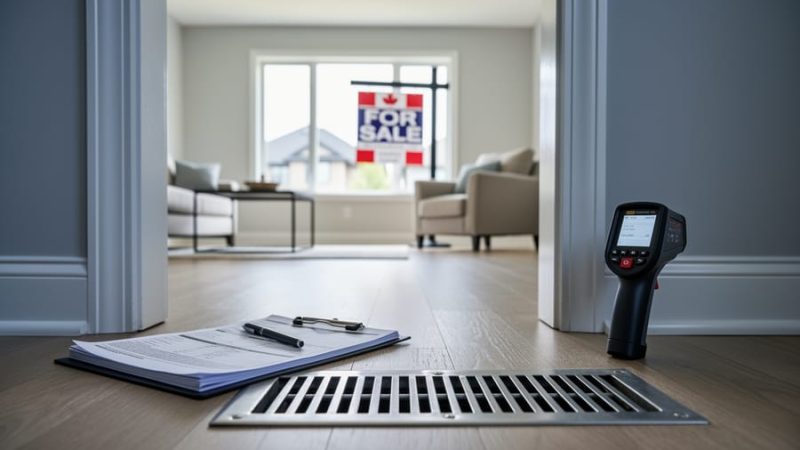 Clipboard and inspection device placed near an HVAC vent inside a home, with a window view hinting at a “for sale” sign outside.