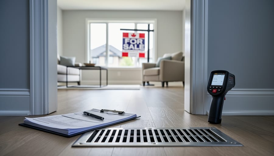 Clipboard and inspection device placed near an HVAC vent inside a home, with a window view hinting at a “for sale” sign outside.