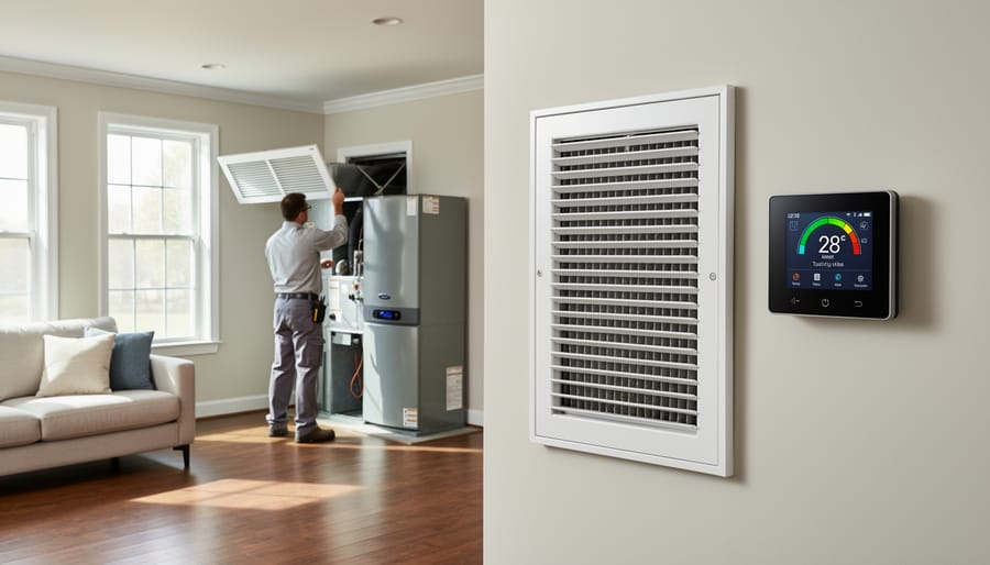 Technician placing a fresh air filter near an HVAC vent in a basement setting