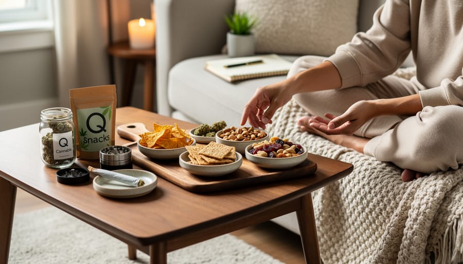 A neat assortment of Q Snacks protein puffs, keto cookies, and smart popcorn with sparkling water on a wooden table.