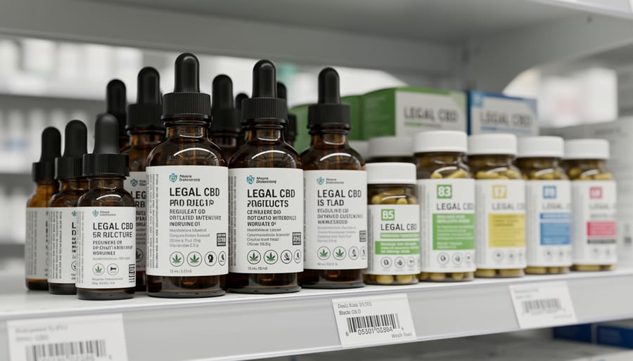 Amber glass CBD oil bottles arranged on a countertop