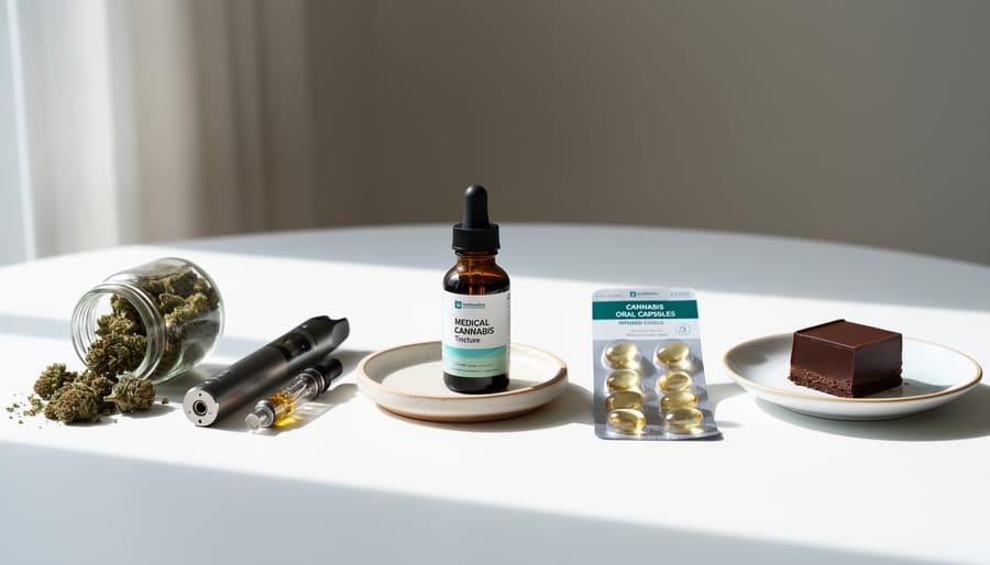Assorted medical cannabis product forms including oil dropper and topical cream arranged on a wooden surface