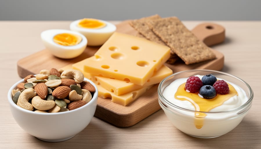 Close-up of protein chips being placed into a small dish on a table with a softly blurred background.