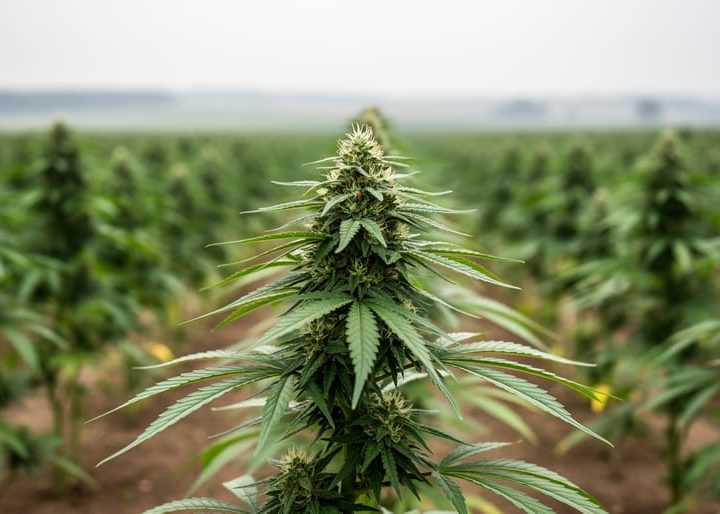 Close-up of healthy hemp plants with green leaves and flowering tops growing in a Canadian agricultural field.
