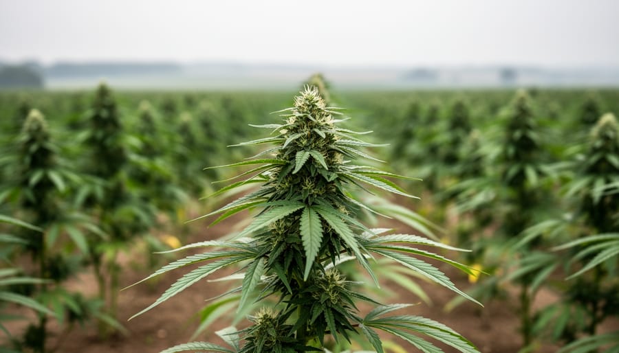 Close-up of healthy hemp plants with green leaves and flowering tops growing in a Canadian agricultural field.