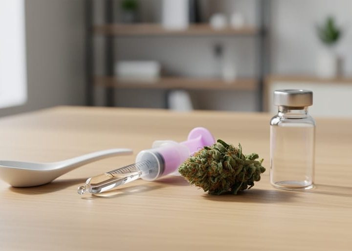 Close-up of unlabeled dosing tools and a cannabis bud on a clean wooden surface under soft natural light, suggesting careful low-to-slow medical cannabis preparation.