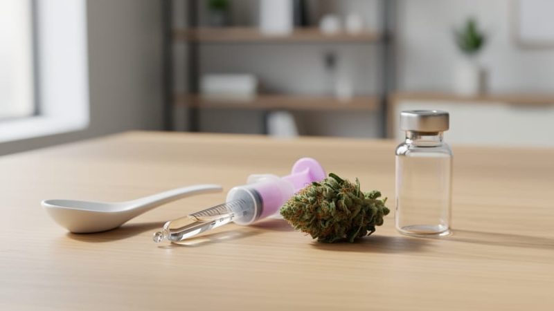 Close-up of unlabeled dosing tools and a cannabis bud on a clean wooden surface under soft natural light, suggesting careful low-to-slow medical cannabis preparation.