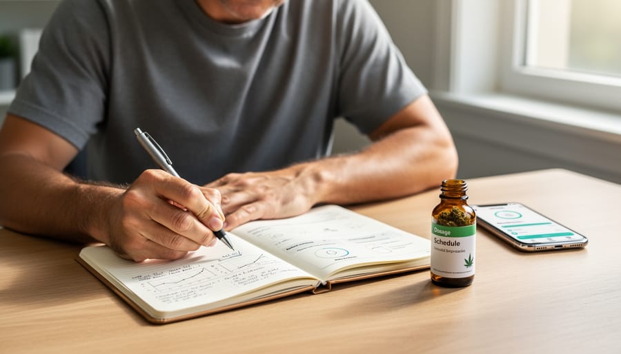 Patient holding medical cannabis oil bottle next to a notebook for tracking symptoms in a home kitchen setting