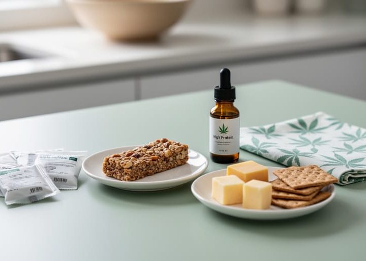 Portion-controlled high-protein snacks on a kitchen table with subtle wellness accessories, styled for a medical cannabis nutrition routine.
