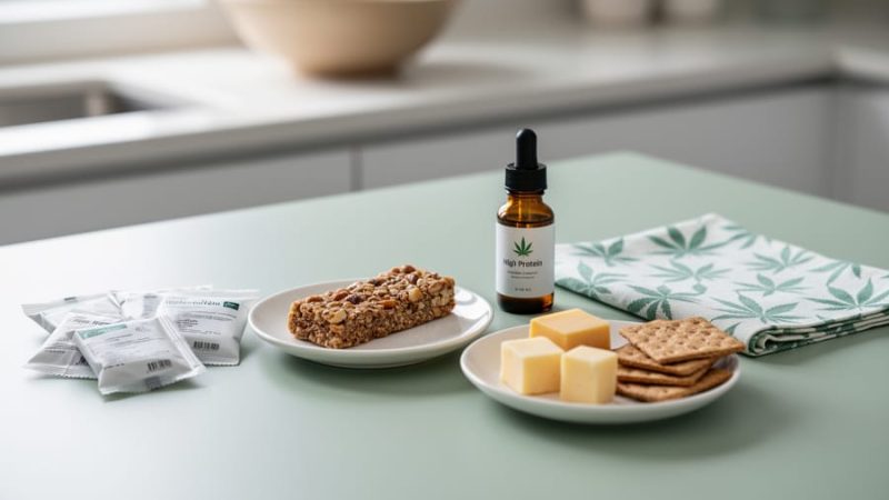 Portion-controlled high-protein snacks on a kitchen table with subtle wellness accessories, styled for a medical cannabis nutrition routine.