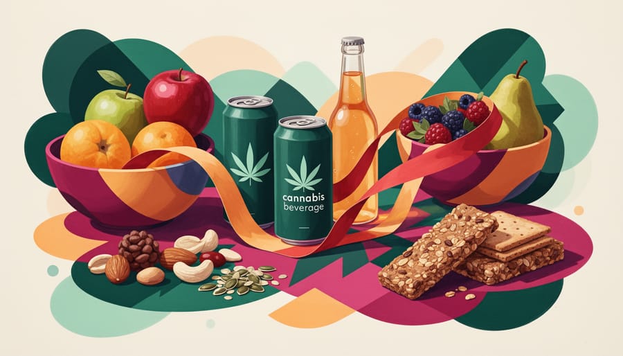 Smart popcorn and wheat berries beside a glass bottle of sparkling water on a kitchen counter.