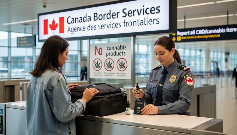 Traveler holding passport near airport security with medication items in a toiletry bag