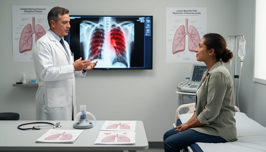 Hands adjusting a medical film on a clinic lightbox, suggesting respiratory assessment context