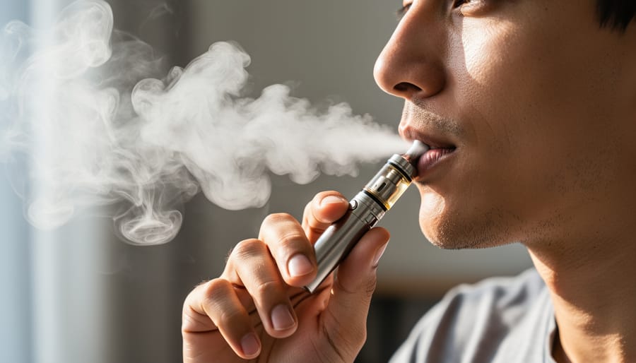 Person holding a vape device with the mouthpiece near their lips in a softly blurred indoor setting