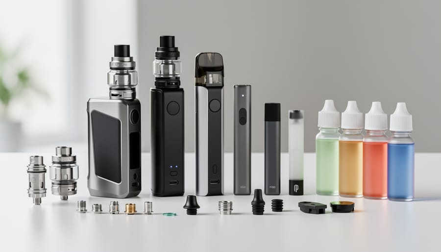Close-up of vape pod hardware and e-liquid bottle on a countertop