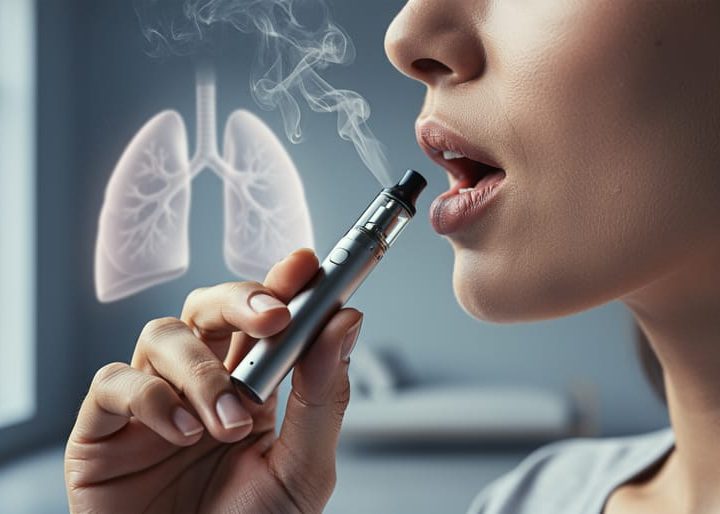 Close-up photo of a person holding a vape device with faint vapor visible near the mouth, with a subtle lungs-inspired background conveying lung impact.