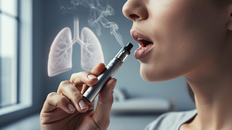 Close-up photo of a person holding a vape device with faint vapor visible near the mouth, with a subtle lungs-inspired background conveying lung impact.