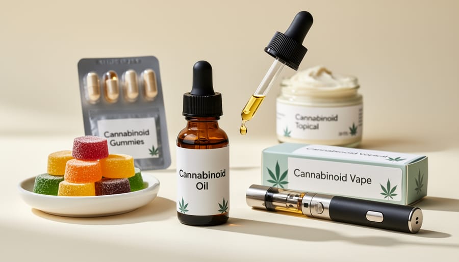 Close-up of cannabis oil dropper and other unlabelled medical cannabis product forms on a clean countertop