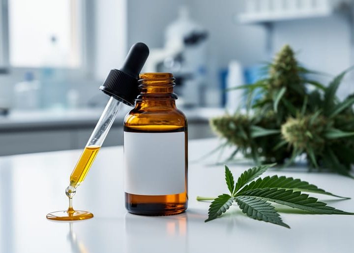 Close-up of a glass vial with golden cannabis extract and a dropper, with cannabis leaves softly blurred in the background.