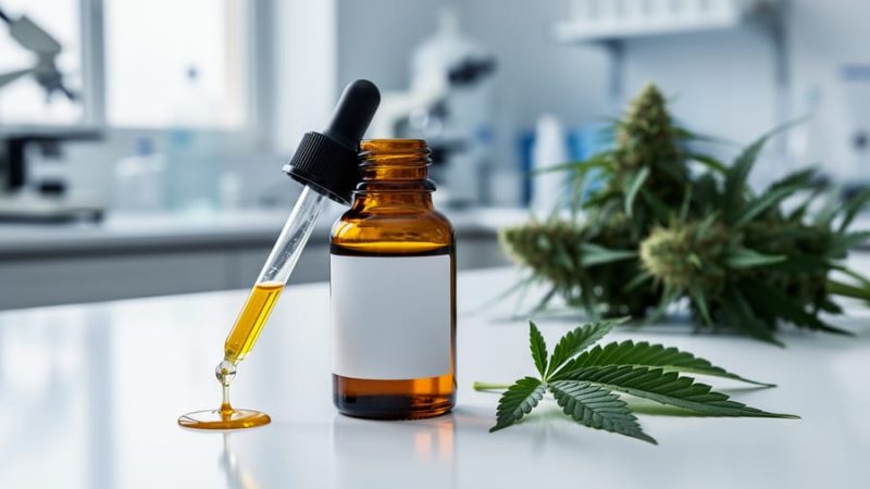 Close-up of a glass vial with golden cannabis extract and a dropper, with cannabis leaves softly blurred in the background.