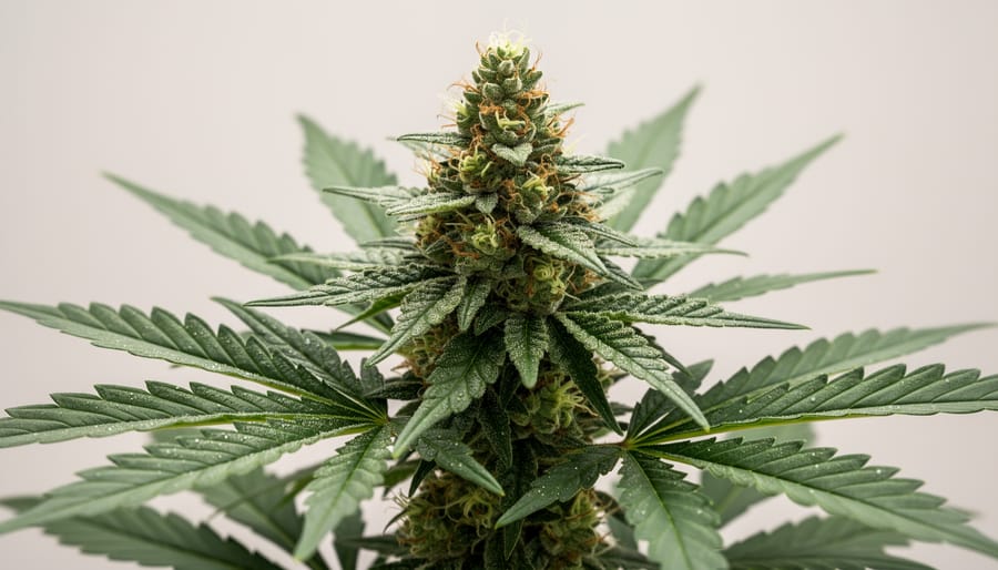 Close-up of cannabis buds and leaves on a dark wooden surface