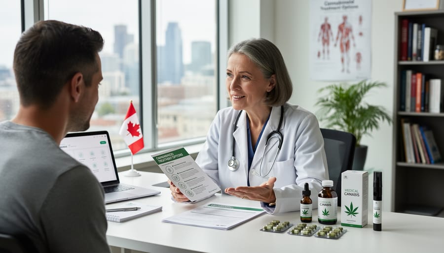 Patient holding a cannabis oil bottle in a clinic room during a medical discussion