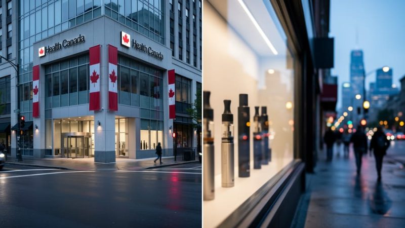 Editorial photograph of a Canadian city street showing a government office setting and a modern retail storefront with blurred vape-related silhouettes, symbolizing federal and provincial vaping regulations.