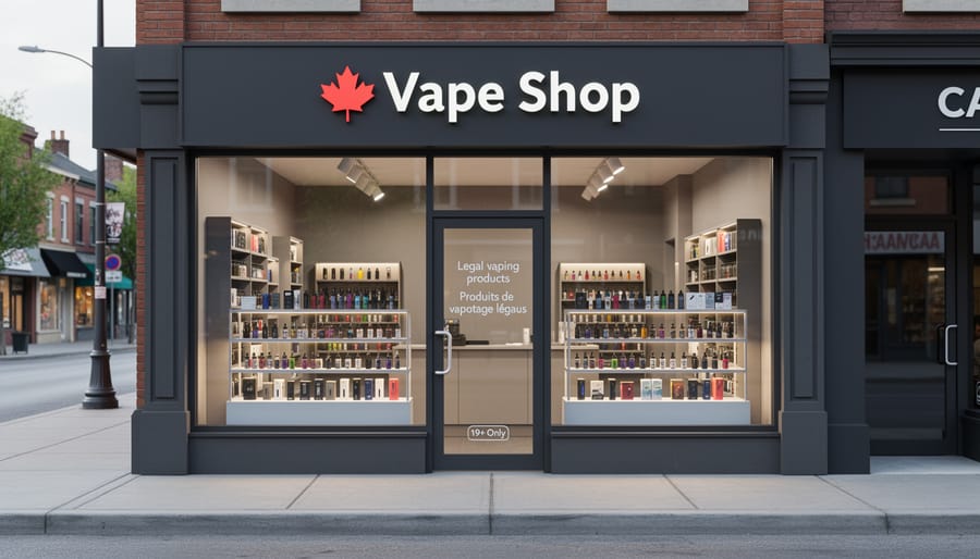 Vape shop storefront interior with shelves of vaping products and e-liquids, shown without readable text.