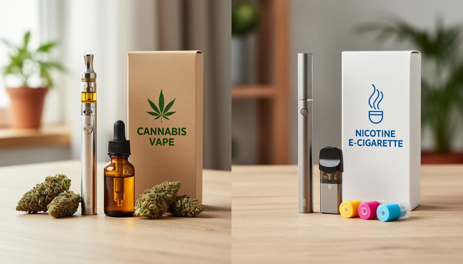 Cannabis flower in a dark glass jar next to a vaporizer mouthpiece on a wooden surface.