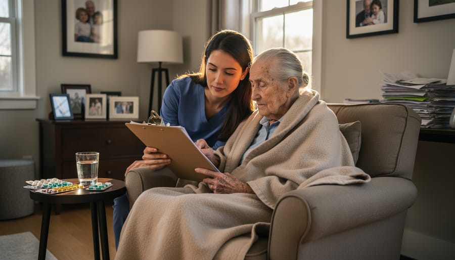 A caregiver sits beside an older adult in bed while they talk calmly during an illness at home.