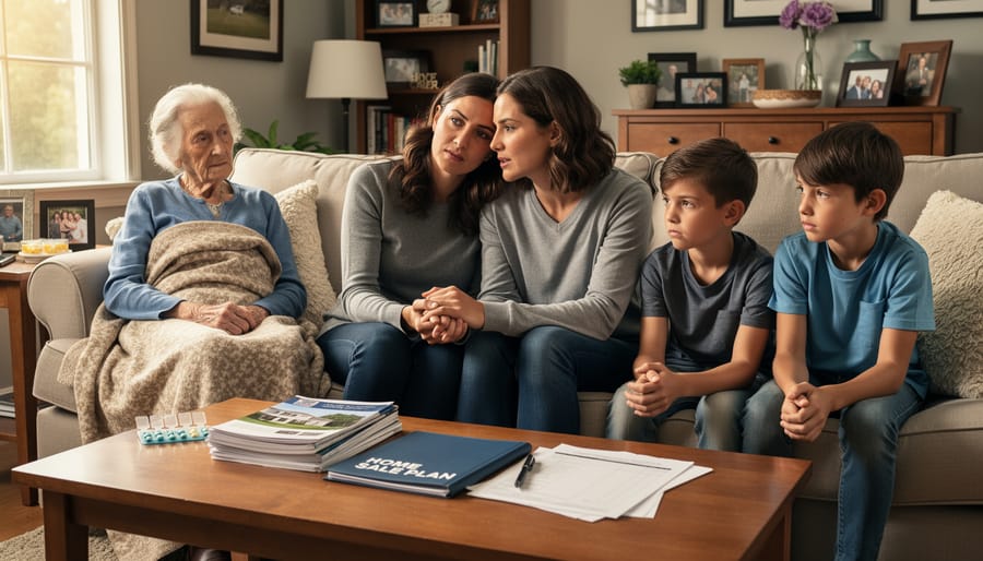 A Canadian family pauses in their living room while handling a For Sale sign during an illness-related move.
