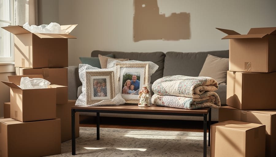 A living room with wrapped personal items and moving boxes indicating a home transition during illness.