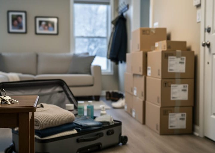 Keys and moving boxes placed near a Canadian home entryway with winter daylight coming through a window, representing the process of selling during illness.