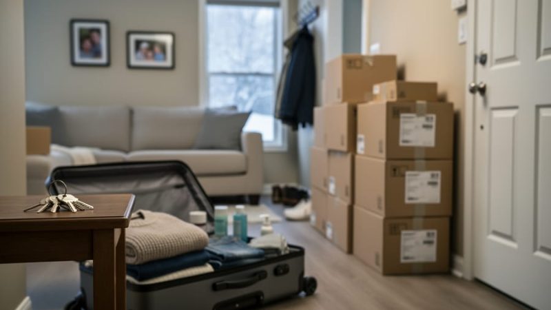Keys and moving boxes placed near a Canadian home entryway with winter daylight coming through a window, representing the process of selling during illness.